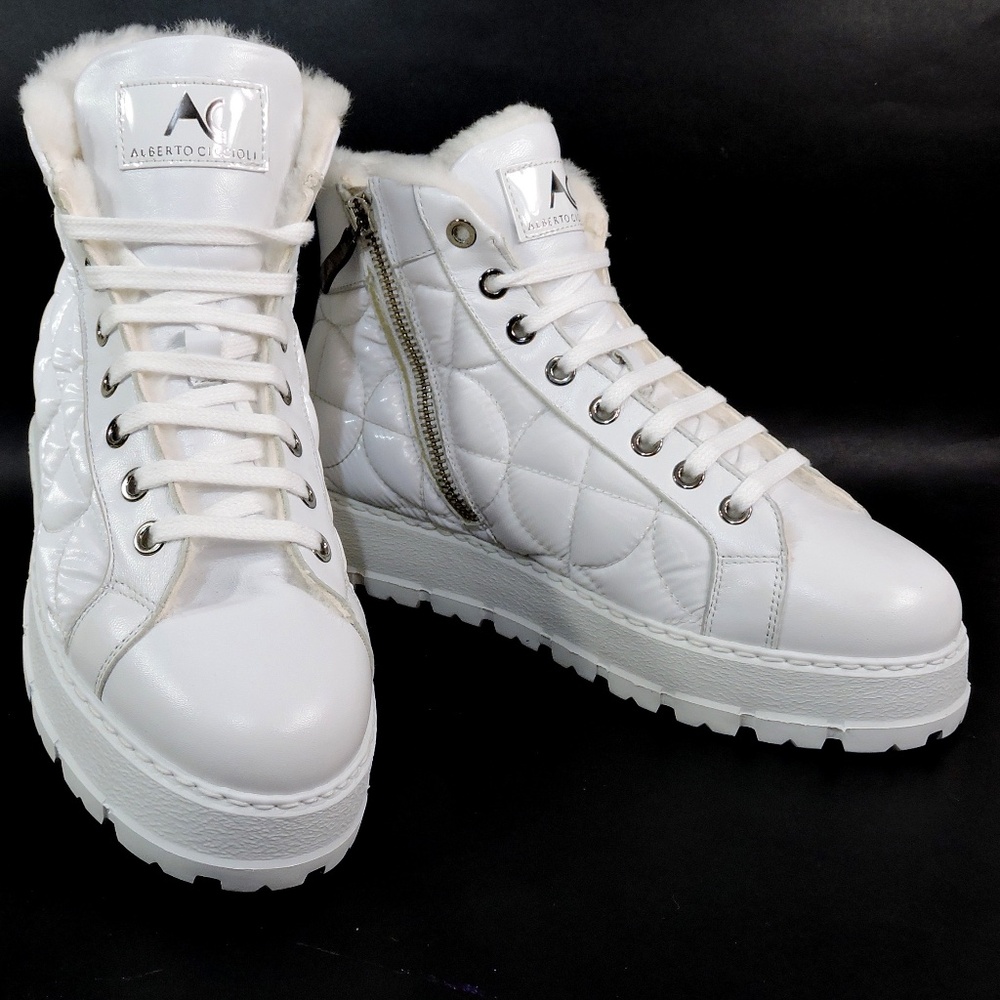 ALBERTO CICCIOLI 🇮🇹 WOMEN'S WHITE LEATHER COMFORT FLAT WINTER ANKLE BOOTIE